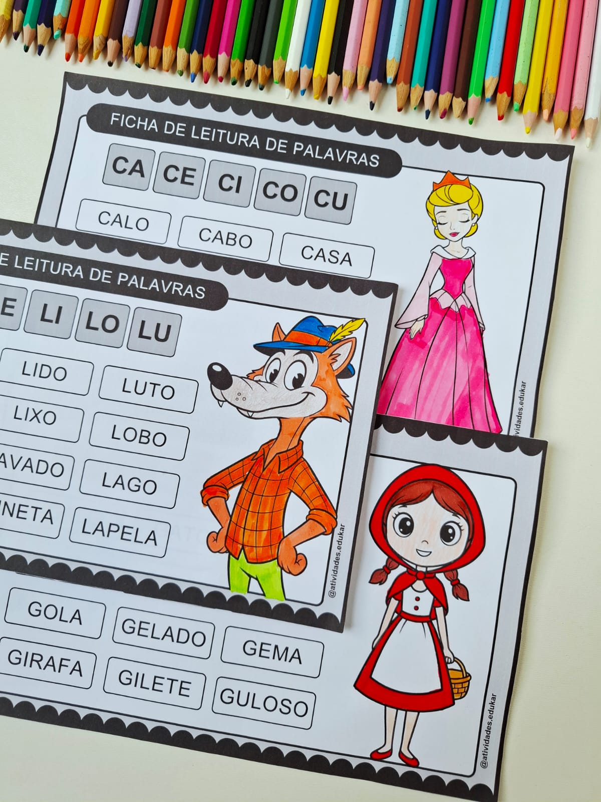 Ficha de leitura de palavras de sílabas simples - Contos de fadas